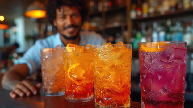 AI generated Colorful cocktail shots in the bar with the skill of the bartender. photo