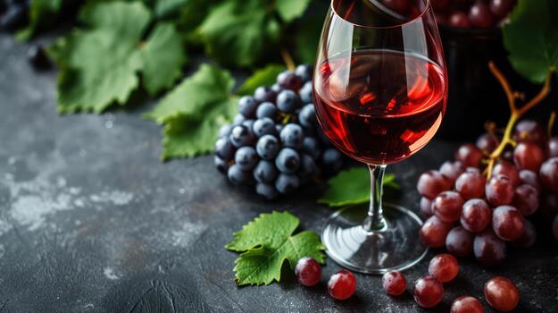 AI generated Red wine on the background, fresh ripe grapes photo