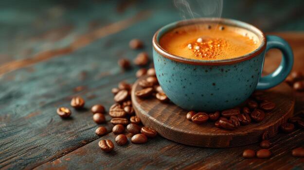 AI generated Espresso coffee cup With coffee beans on a vintage table ,Copy space. photo