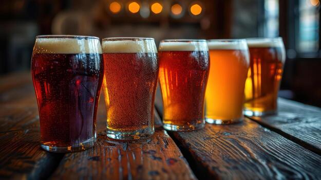 AI generated Several glasses of beer on a wooden floor Text area photo