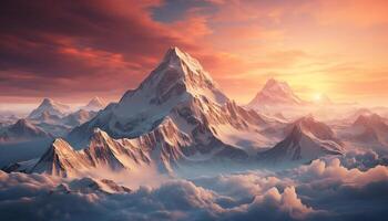 AI generated Majestic mountain peak reflects sunset, nature beauty in panoramic view generated by AI photo