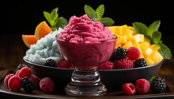 AI generated Fresh summer fruit bowl raspberry, blueberry, strawberry, blackberry, melon generated by AI photo