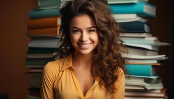 AI generated Young woman studying in library, holding textbook, smiling confidently generated by AI photo