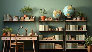 AI generated Bookshelf with books, desk, chair, and plant indoors generated by AI photo