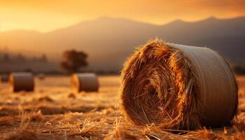 ai generado puesta de sol terminado un rural granja, pajar rodar en prados generado por ai foto