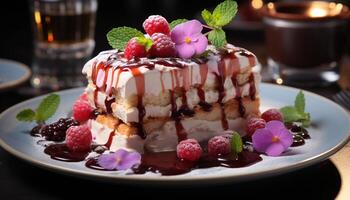 ai generado un gastrónomo postre plato con Fresco frambuesa y chocolate generado por ai foto