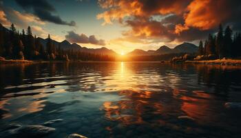 AI generated Sunset over the mountain range reflects in tranquil pond generated by AI photo