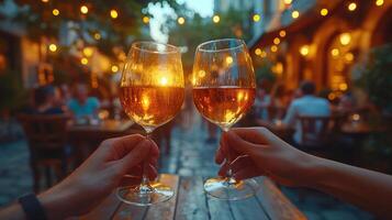 ai generado Pareja tintinamente lentes con vino en el verano terraza de un café o restaurante , Copiar espacio foto