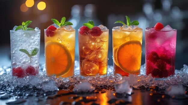 AI generated Various fruit drinks in crushed ice photo