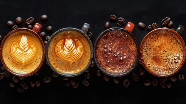 AI generated Top view of set coffee cup isolated Copy space photo