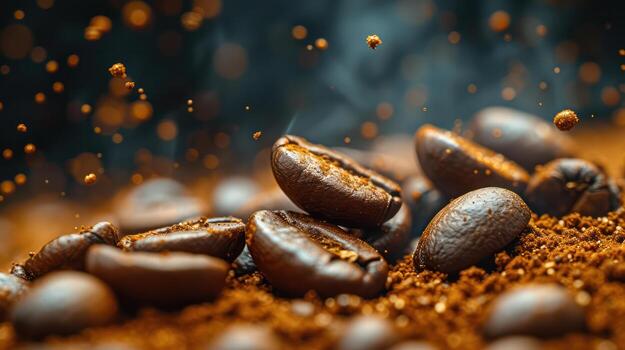 AI generated Coffee beans and black background,copy spec photo