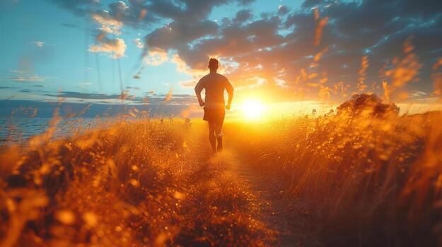 AI generated back to view man running in forest on sunrise photo