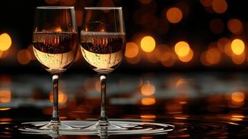 AI generated Luxurious glass with bokeh gold champagne on dark background copy space. photo