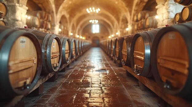 AI generated Cellar with wine barrels in Italy ,copy space photo