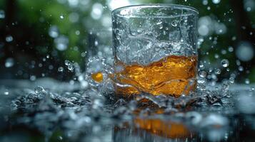 ai generado vaso de whisky con hielo con salpicaduras foto