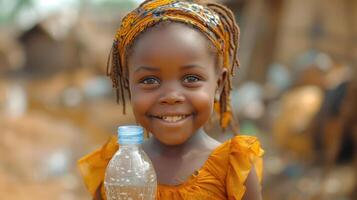 ai generado un sediento niño con un botella de limpio, puro agua en su mano. figura en África carente limpiar agua, concepto de global calentamiento problema foto