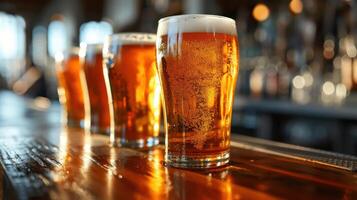 AI generated Glass of beer on wooden board and blurred bar background. photo