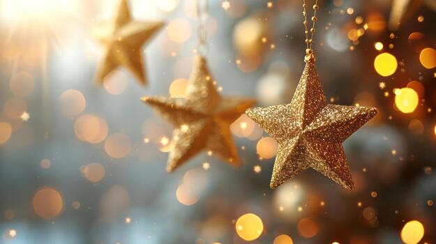 AI generated Hanging golden stars on a rope on a white background. photo