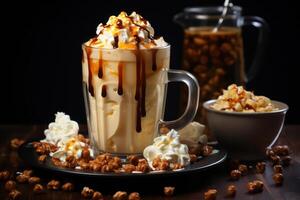 AI generated Sweet milkshake with caramel syrup, cream liqueur, caramel popcorn and chocolate powder on a brown background with a vintage coffee grinder. photo