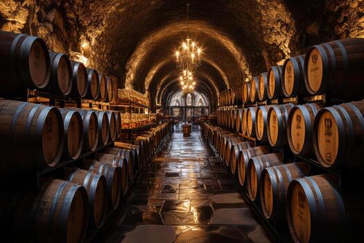 AI generated Cellar with wine barrels in Italy ,copy space photo