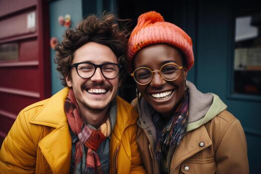 AI generated Two multiracial friends smiling, looking at camera, at cafe photo