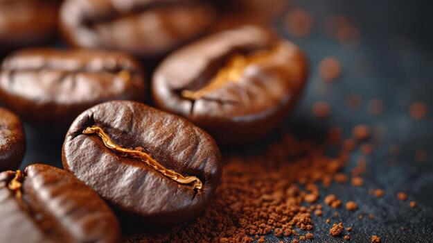 AI generated Coffee beans and black background,copy spec photo