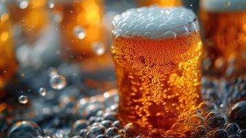 AI generated Pouring beer with foam bubbles in glass for background on front view of waves, drinking alcohol photo