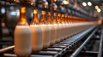 AI generated Glass bottles with dairy products in the production line Dairy production line. photo