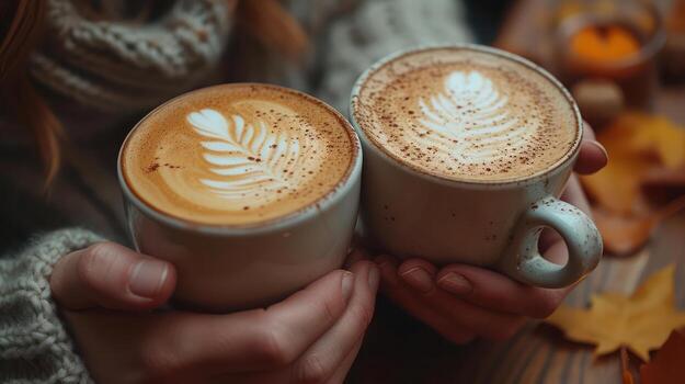 AI generated Two latte coffee cups In the hands of a warm woman photo