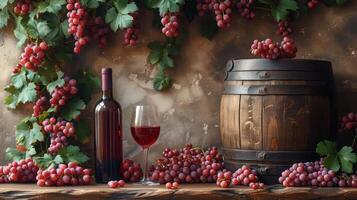 AI generated Bottles and wine glasses with grapes and barrels in countryside scene. Copy image. photo