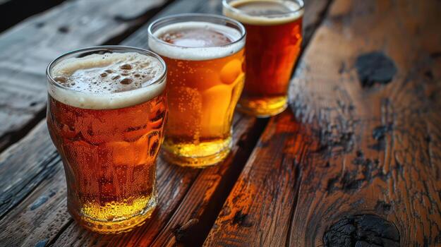 AI generated Several glasses of beer on a wooden floor Text area photo