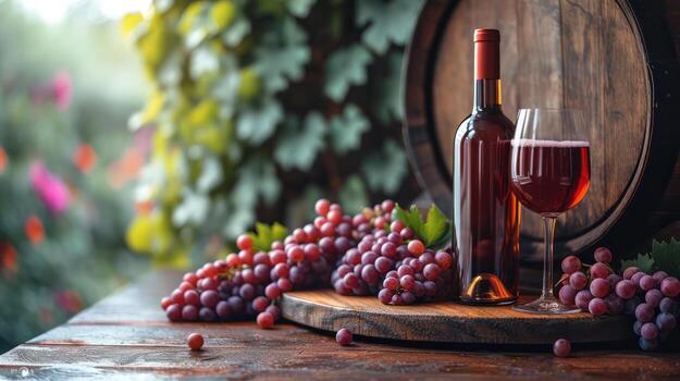 AI generated Bottles and wine glasses with grapes and barrels in countryside scene. Copy image. photo