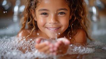 ai generado niño jugando con agua gotas foto