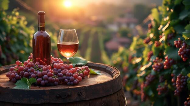 AI generated Bottles and wine glasses with grapes and barrels in countryside scene. Copy image. photo