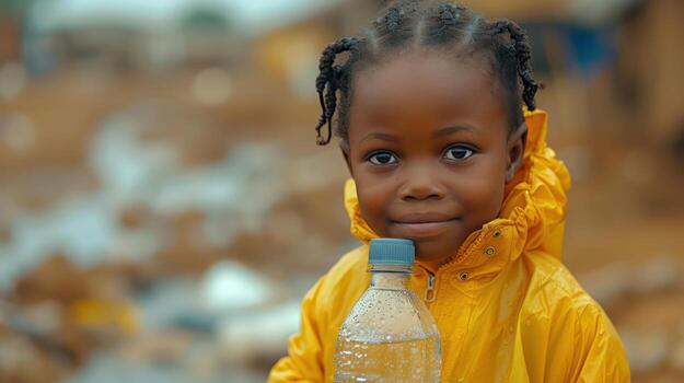 AI generated A thirsty child with a bottle of clean, pure water in his hand. Figure in Africa lacking clean water, concept of global warming problem photo