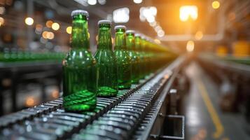 AI generated Green beer bottles on production line, factory background. photo