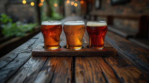 AI generated Several glasses of beer on a wooden floor Text area photo