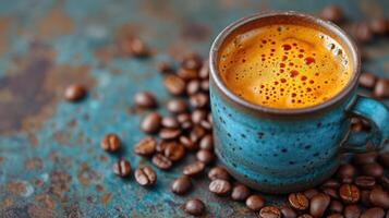 ai generado Café exprés café taza con café frijoles en un Clásico mesa ,Copiar espacio. foto