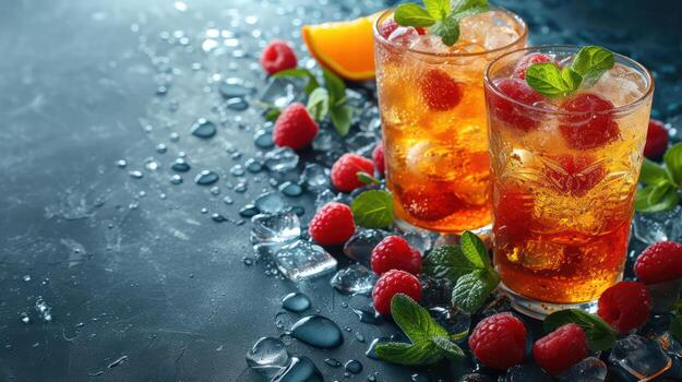 AI generated Various fruit drinks in crushed ice photo