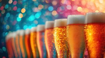 AI generated Beautiful row of beers, glasses of light beer against a beautiful bokeh background. photo