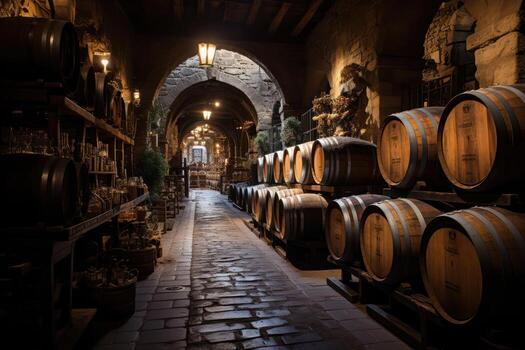 AI generated Cellar with wine barrels in Italy ,copy space photo