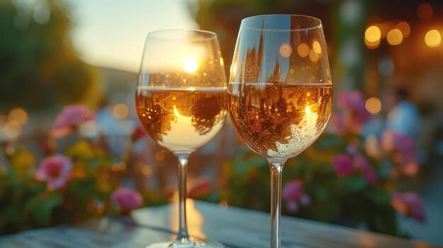 AI generated Two glasses with wine on the summer table of a cafe or restaurant ,Copy space photo