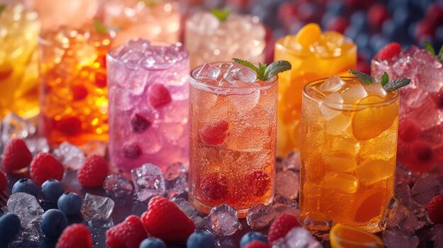 AI generated Various fruit drinks in crushed ice photo