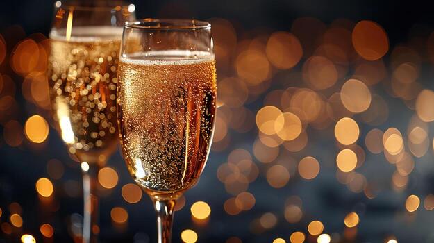 AI generated Luxurious glass with bokeh gold champagne on dark background copy space. photo