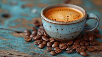 ai generado Café exprés café taza con café frijoles en un Clásico mesa ,Copiar espacio. foto