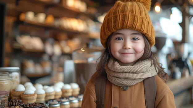 AI generated Child barista in apron making coffee stand by the counter in a coffee shop cute little kids learn to make coffee or do hobby activities and experience training. photo