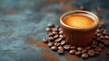 ai generado Café exprés café taza con café frijoles en un Clásico mesa ,Copiar espacio. foto