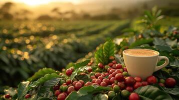 AI generated Coffee cup freshly roasted coffee farm background. photo