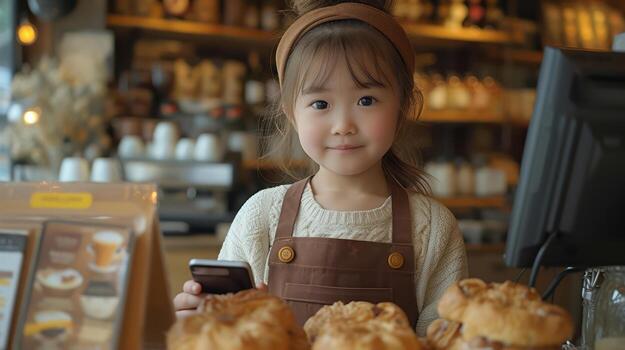 AI generated Child barista in apron making coffee stand by the counter in a coffee shop cute little kids learn to make coffee or do hobby activities and experience training. photo