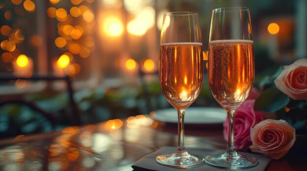 AI generated Luxurious glass with bokeh gold champagne on dark background copy space. photo